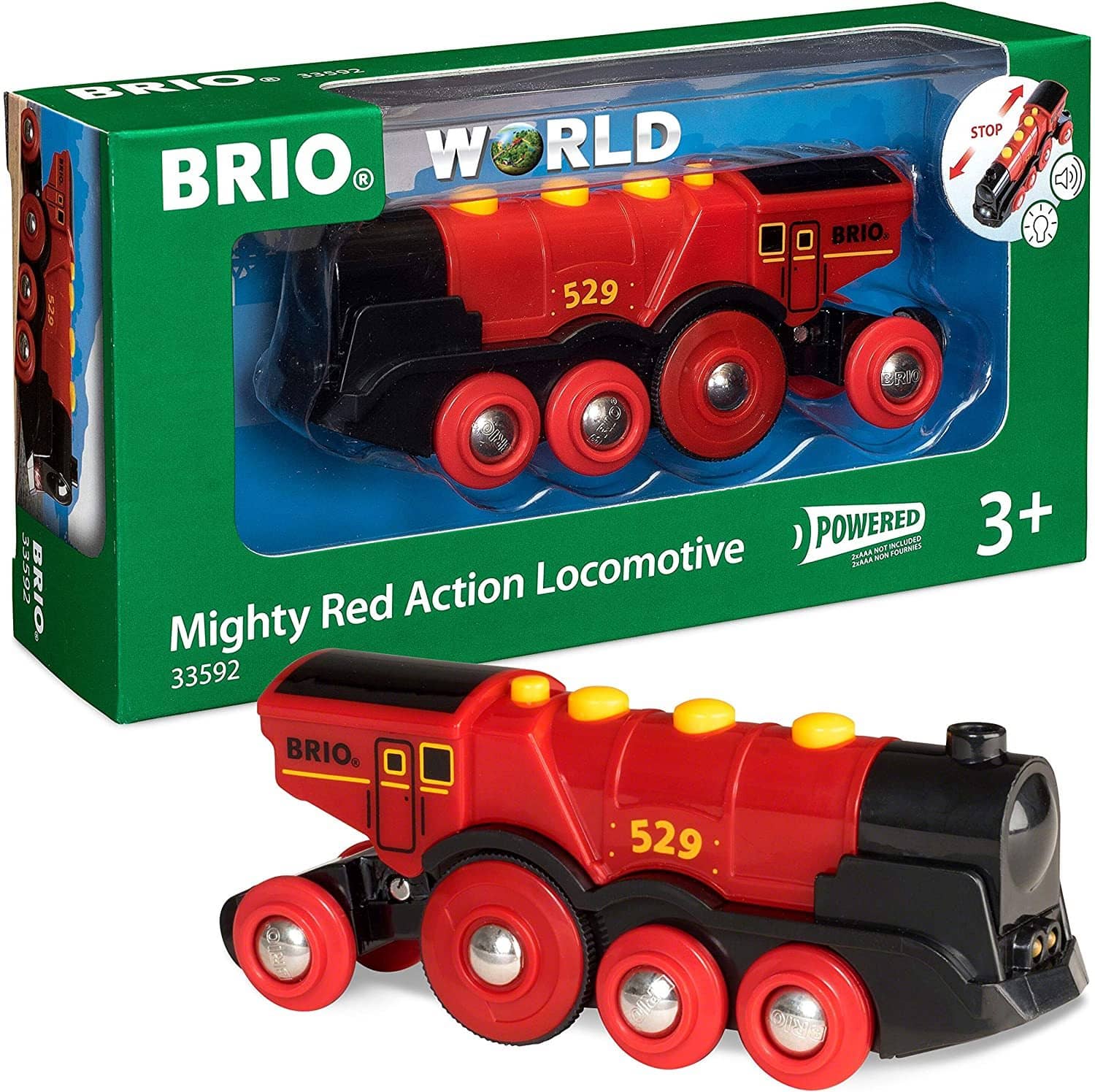 Brio World 33592 Mighty Red Action Locomotive | Battery Operated Toy Train With Light And Sound Effects For Kids Age 3 And Up