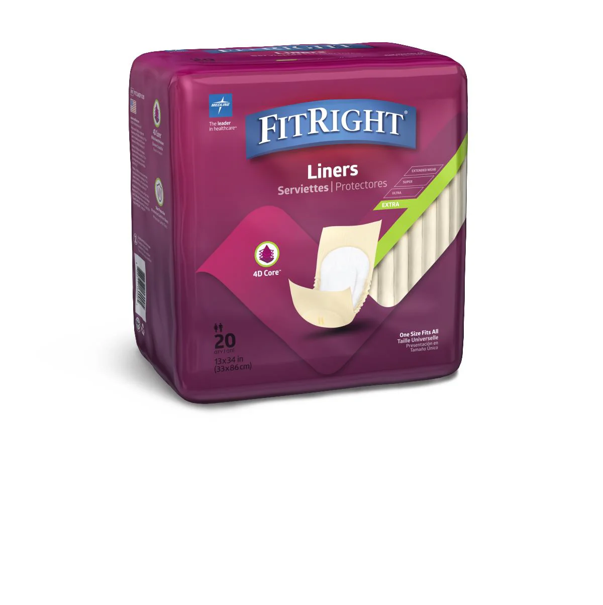 FitRight Incontinence Liners, Moderate, 13″ x 34″ (bag of 20)