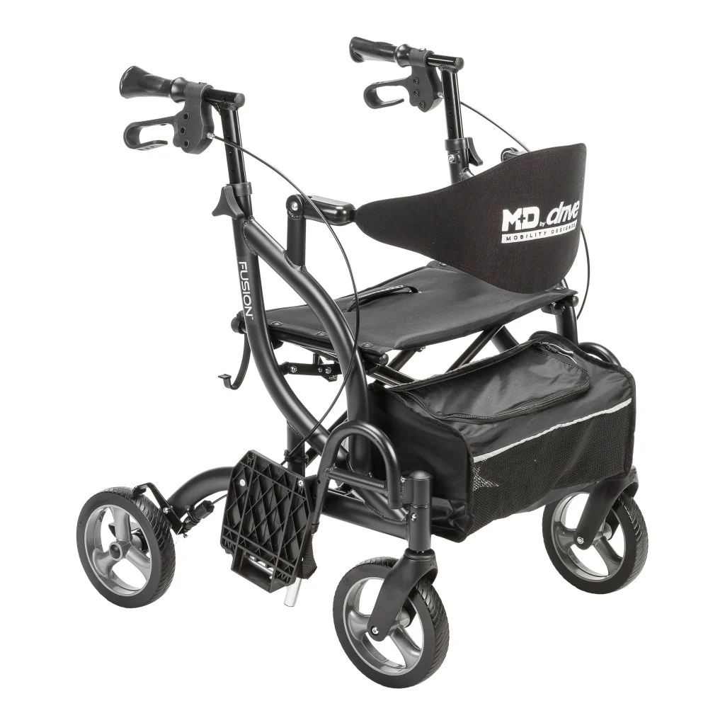 MD by Drive Fusion 2 in 1 Rollator/Transport Chair, Black