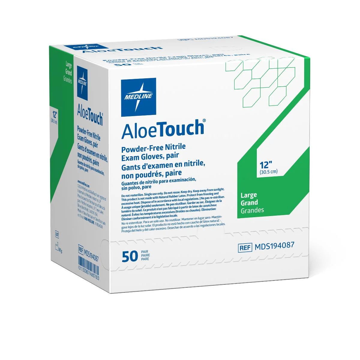 AloeTouch 12″ Powder-Free Nitrile Exam Gloves, Sterile Pairs, Large (case of 200)