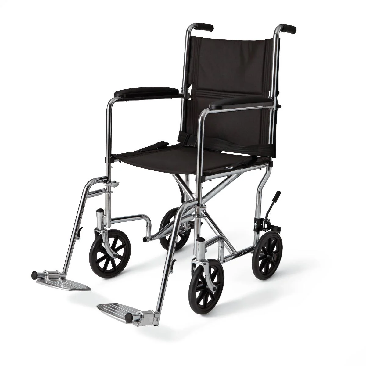 Basic Steel Transport Chair with Permanent Full-Length Arms and Swing-Away Footrests, 19″, Chrome
