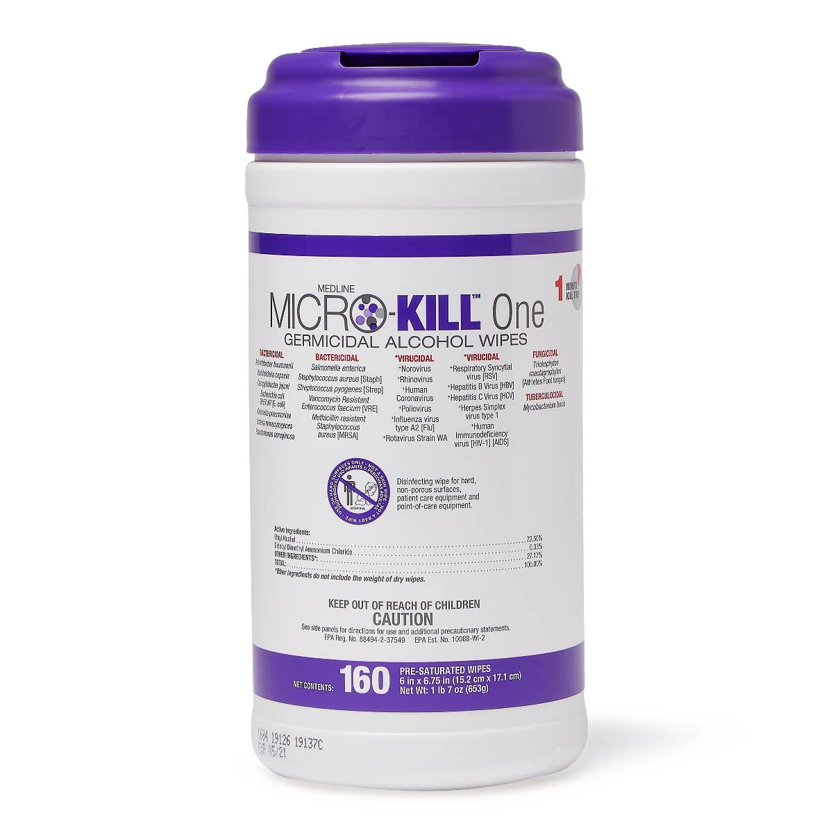 Medline Micro-Kill One Germicidal Alcohol Wipes, Reclosable Canister, 160-Count, 6″ x 6.7″ (1 can)