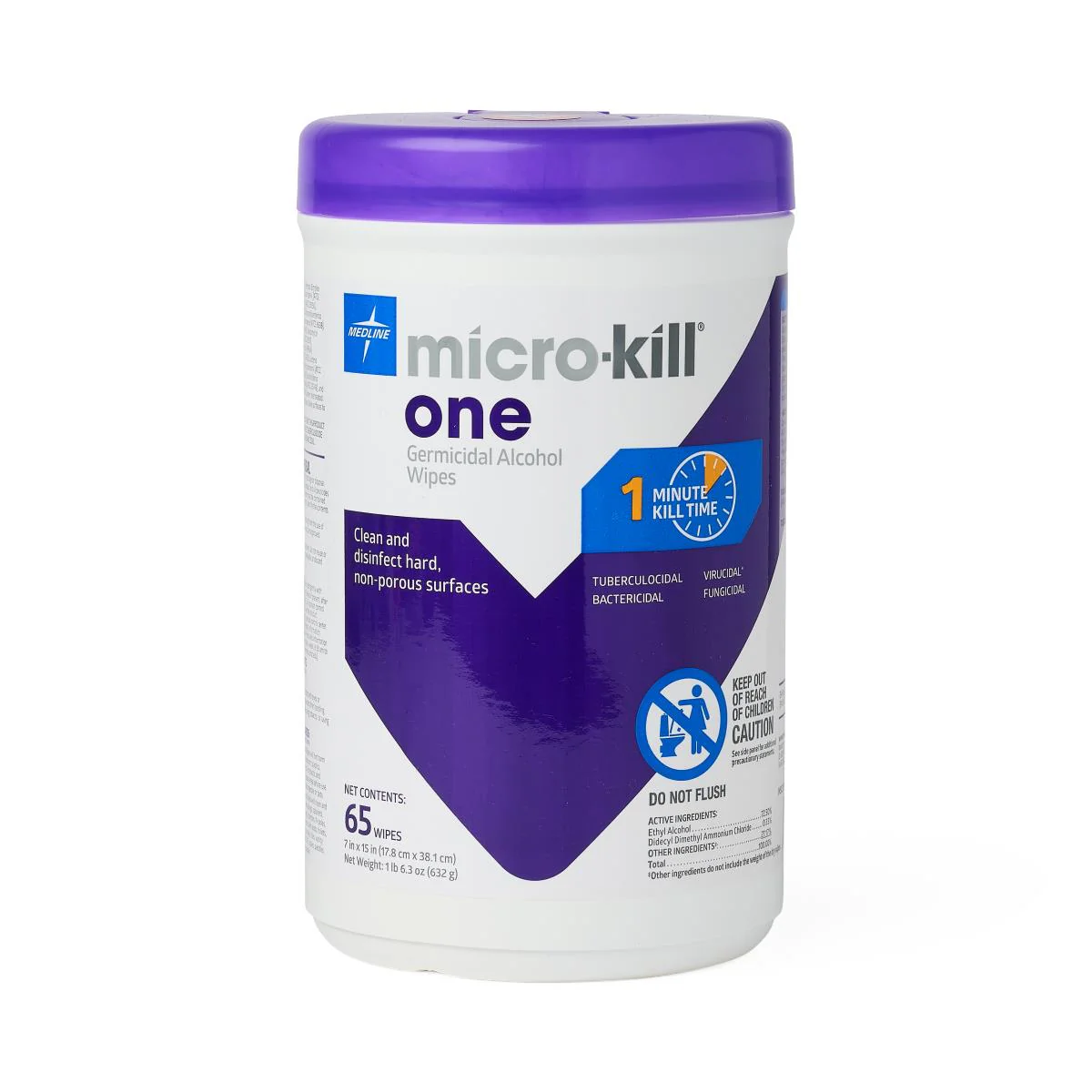 Medline Micro-Kill One Germicidal Alcohol Wipes, Reclosable Canister, 65-Count, 7″ x 15″ (case of 12)