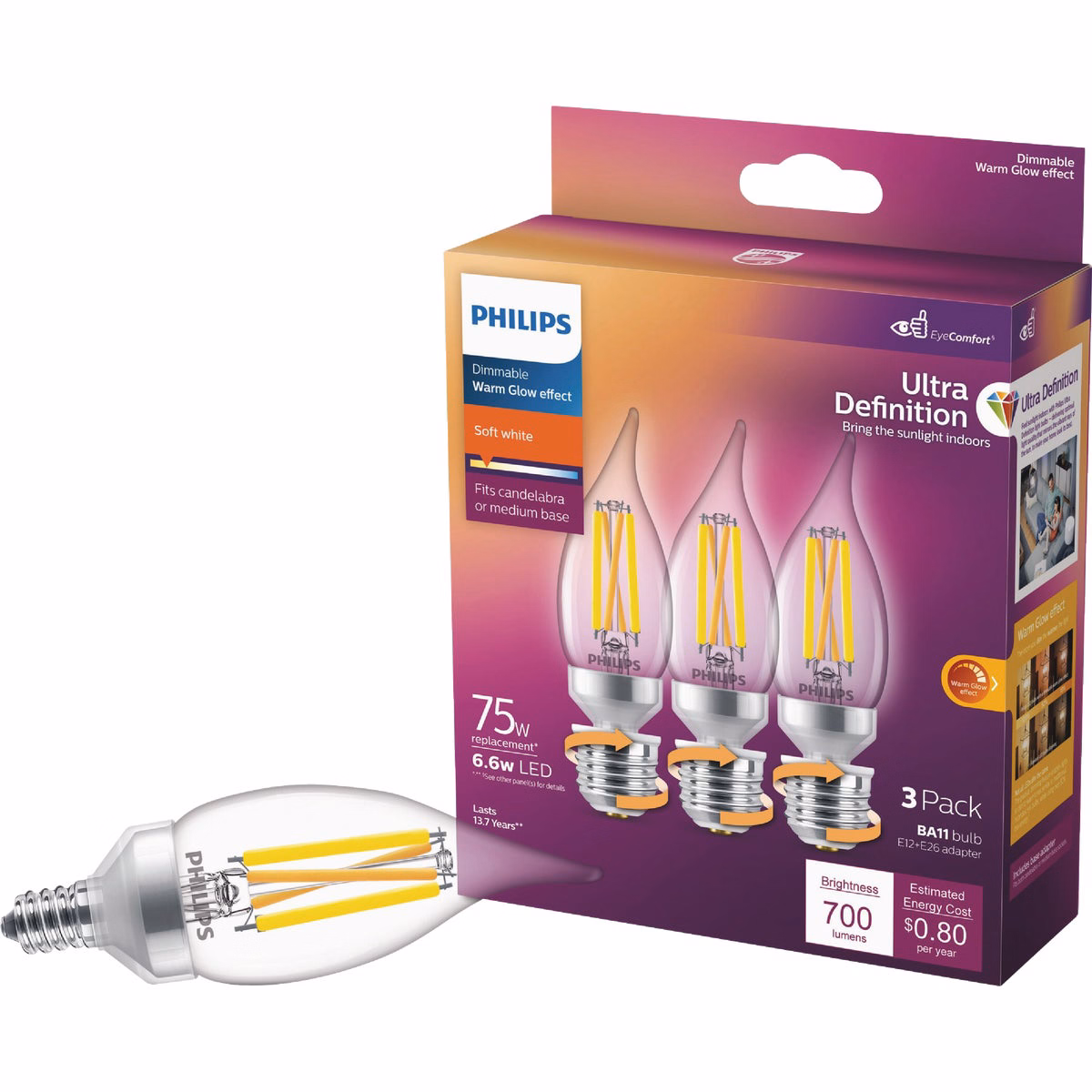 Philips Ultra Definition 75W Equivalent Soft White BA11 Adjustable Base (E12 & E26) LED Decorative Light Bulb (3-Pack)