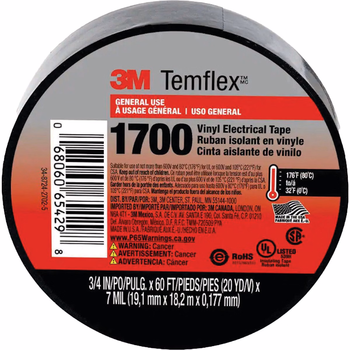 3M Temflex 1700 3/4 In. x 60 Ft. Vinyl Electrical Tape